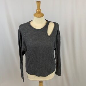 Express Gray Waffle Knit Ribbed Crew Neck Long Sleeve Top